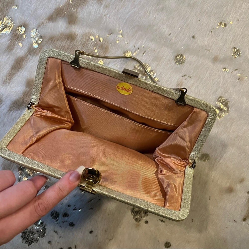 Vintage ANDE Gold Lurex Clutch Evening Bag Purse Chain Handle 1960s - Picture 8 of 9